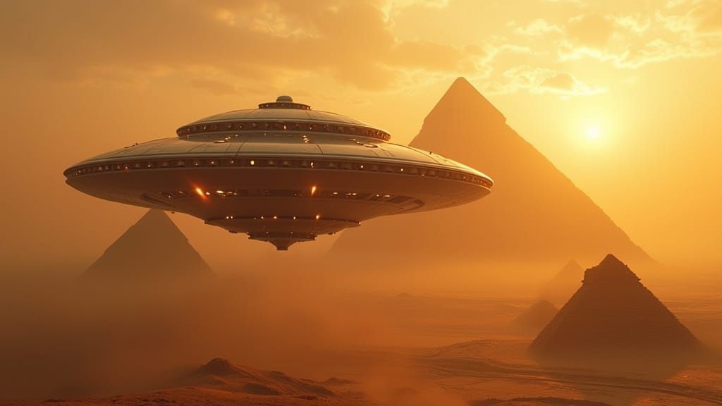 Futuristic UFO Dances Around Ancient Pyramids at Dusk