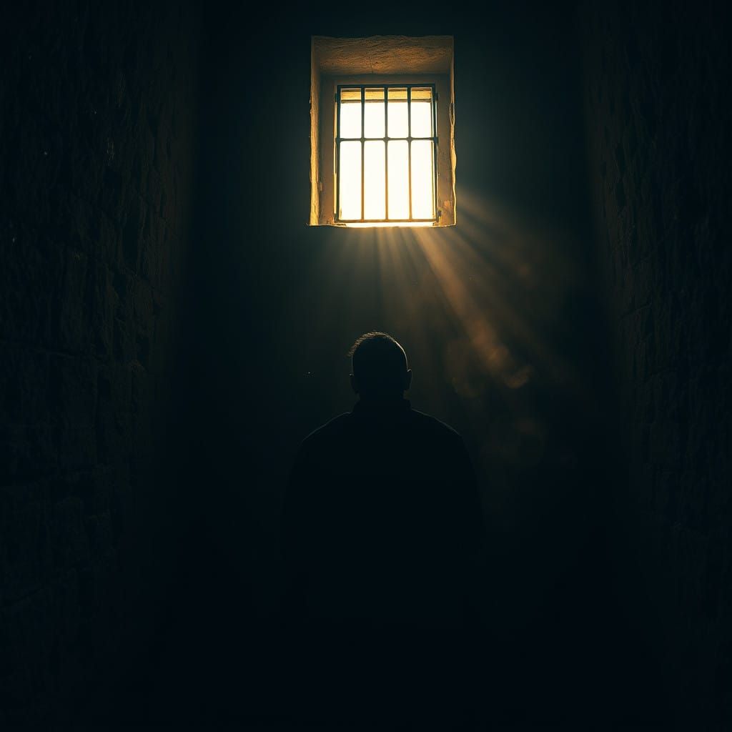 Figure in Prison Cell Basks in Golden Light