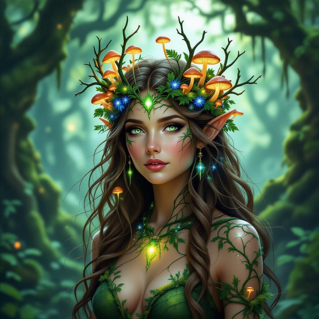 Dryad Spirit Crowned in Bioluminescent Flora