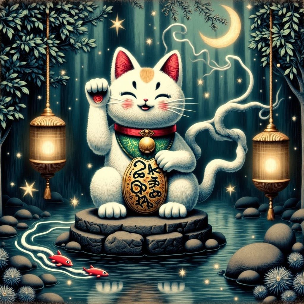 Iridescent Maneki-neko Statue in Dreamy Japanese Garden
