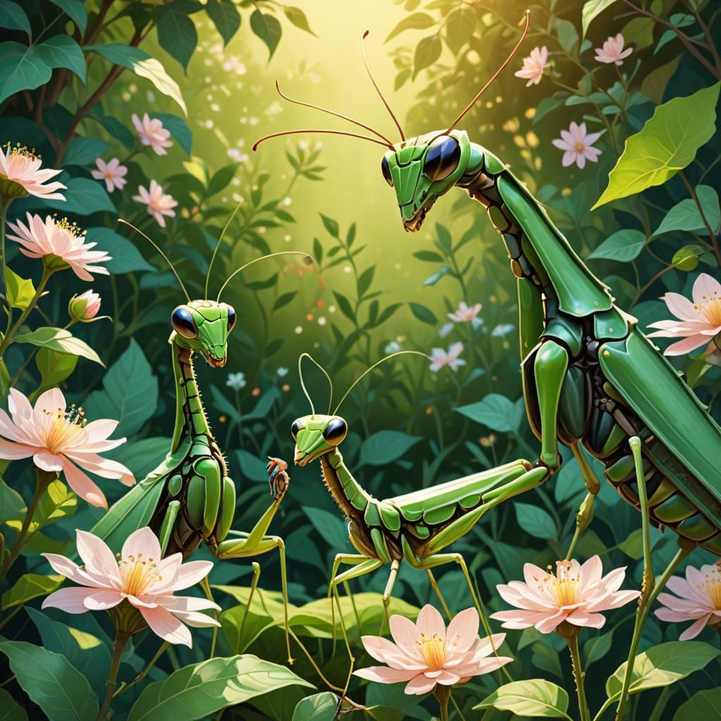 Magritte-Inspired Digital Art: Serene Mantis Mother and Chil...