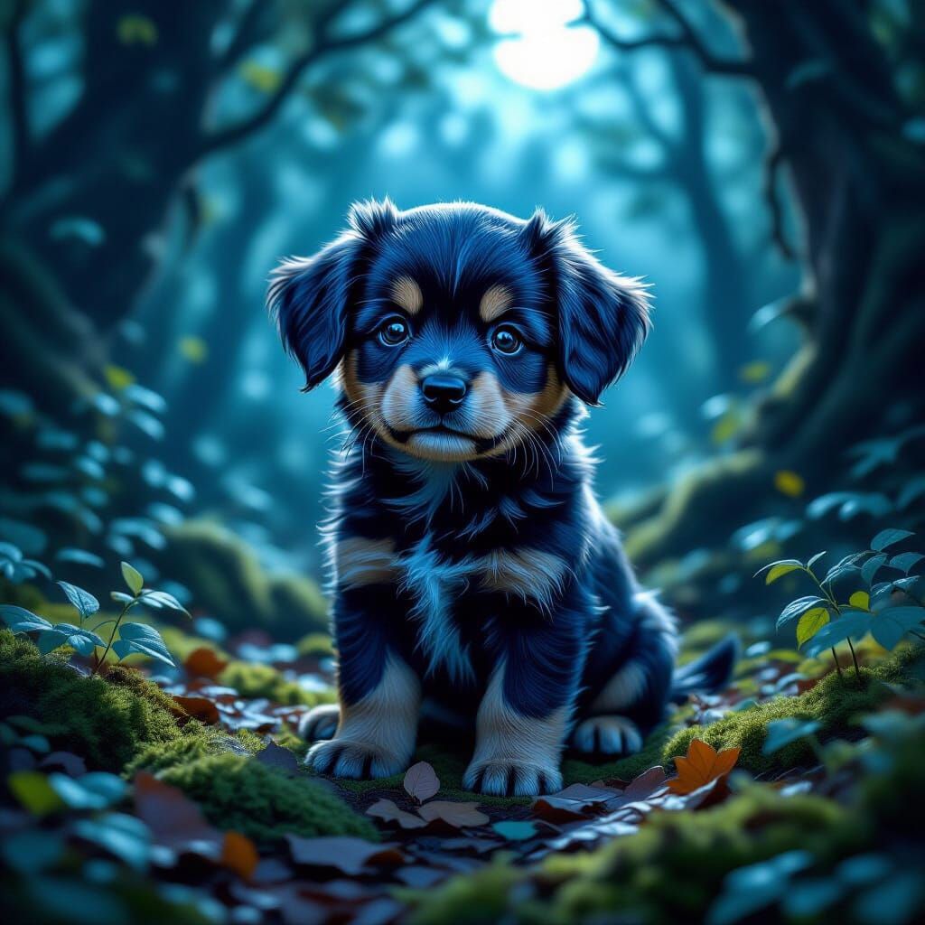 Sapphire Puppy in Mystical Moonlit Forest