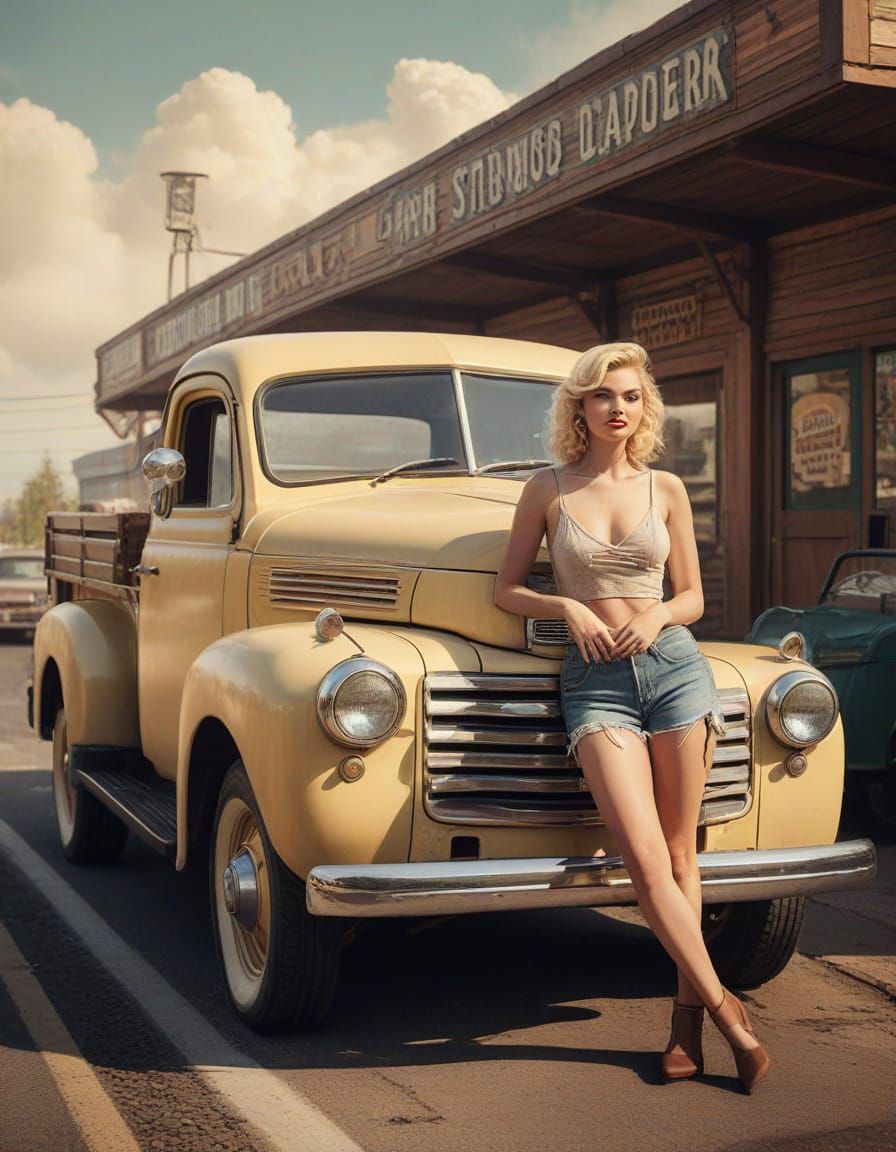 Vintage Pinup Poster at Gas Station in Kinkade Style