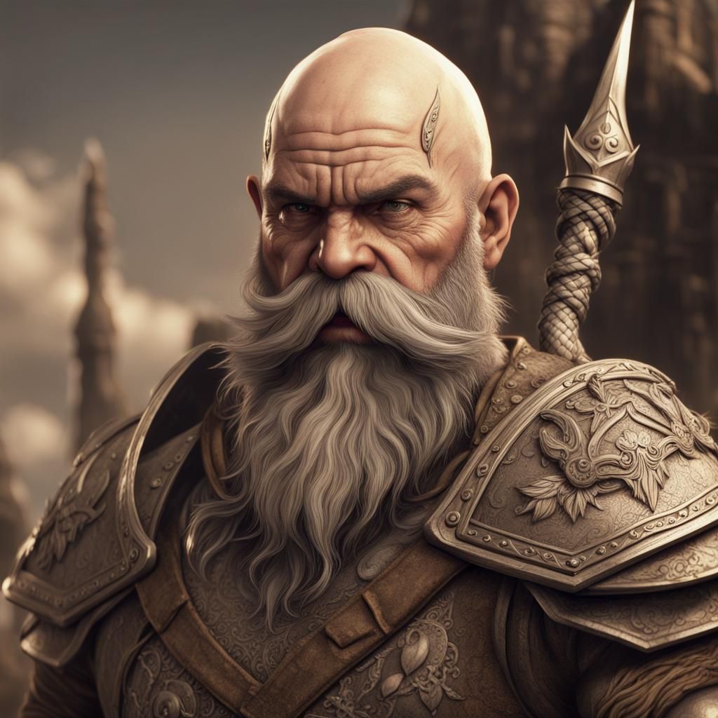 Sepia Bald Dwarf Warrior with Braided Beard