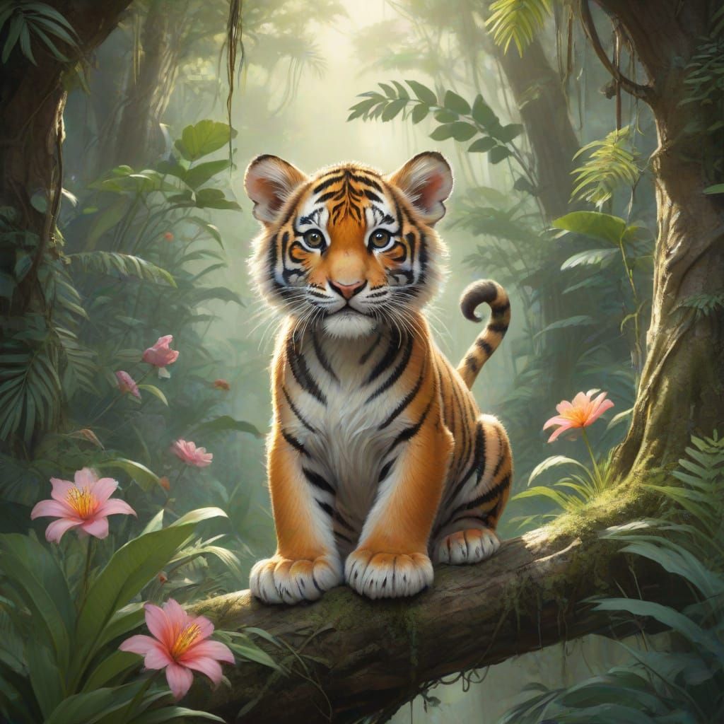 Whimsical Tiger Cub in Enchanted Jungle