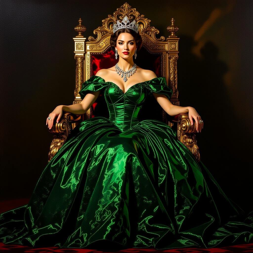 Regal Queen in Emerald Gown on Golden Throne