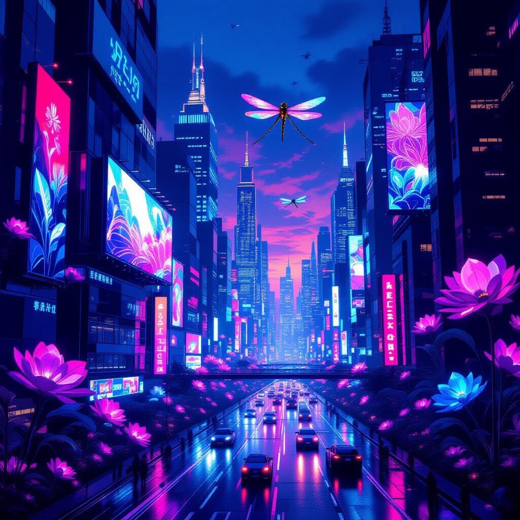 Neon Cityscape at Dusk with Bioluminescent Flora