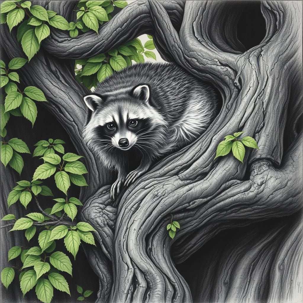 Mysterious Raccoon Perched in a Twisted Tree, in a Hyperdeta...