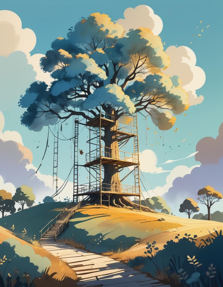 Minimalist Tree Enveloped by Giant Scaffold