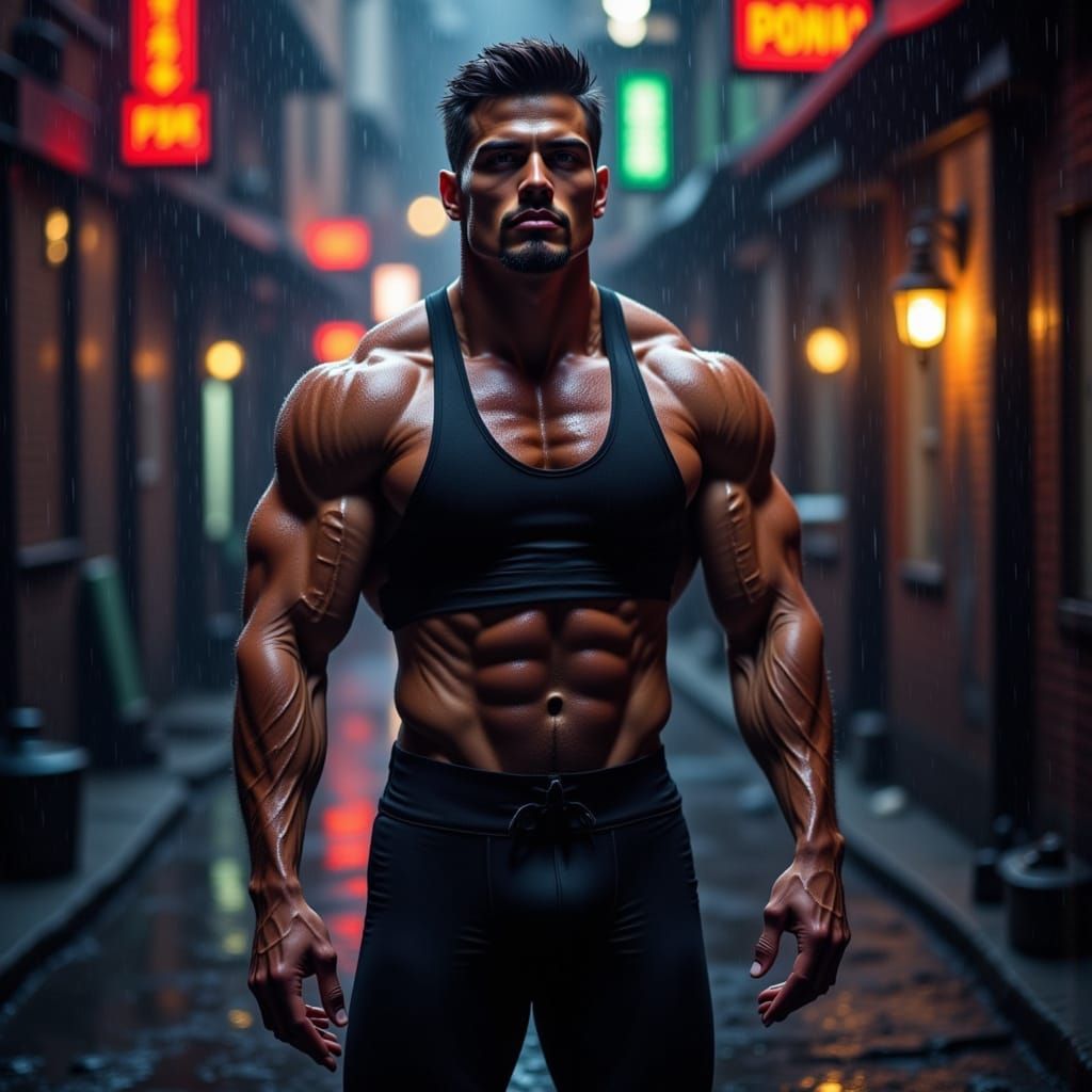Muscular Athlete in Rainy Urban Alleyway at Dusk