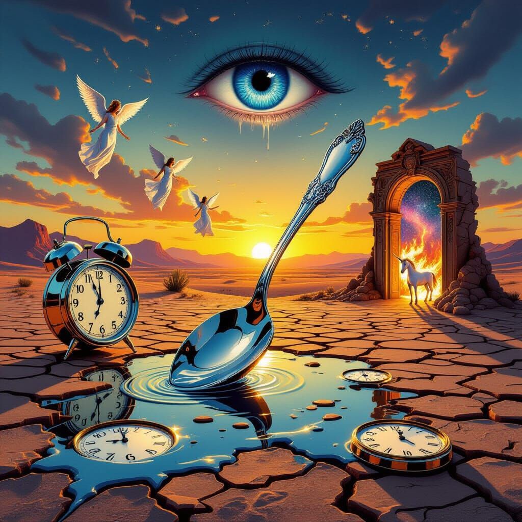 Surreal Desert Sunset with Melting Clocks and Angels