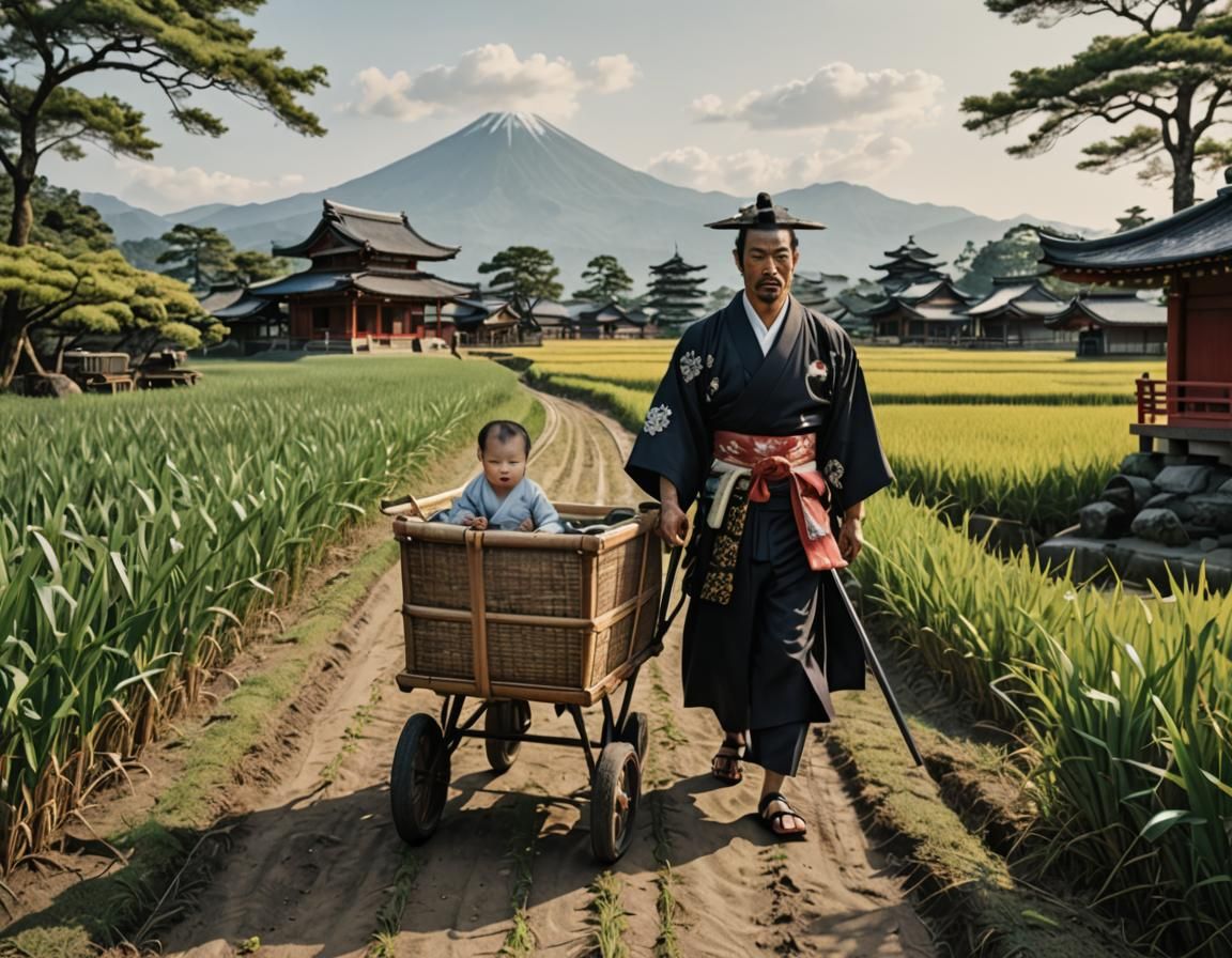 Samurai with Baby Cart in Rice Field