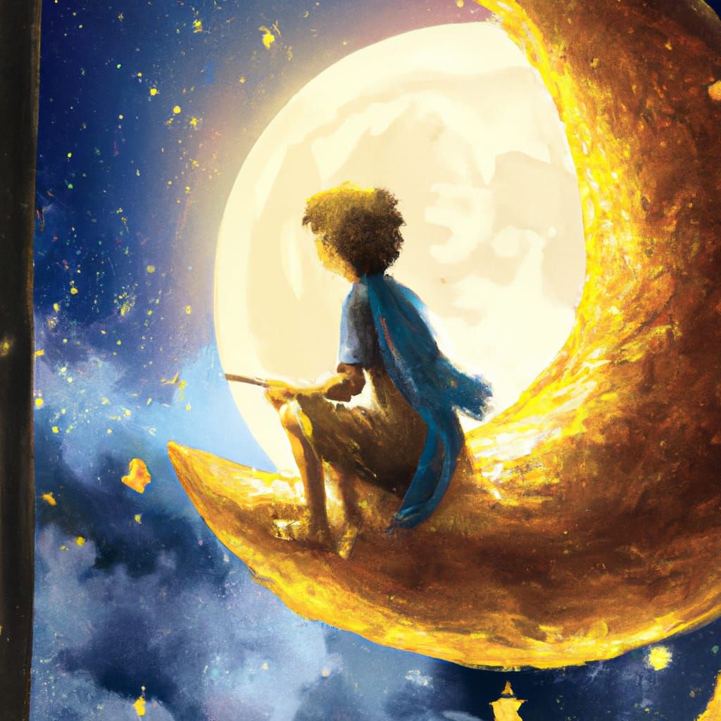 Boy on Moon Gazing at Supernova in Rembrandt Style