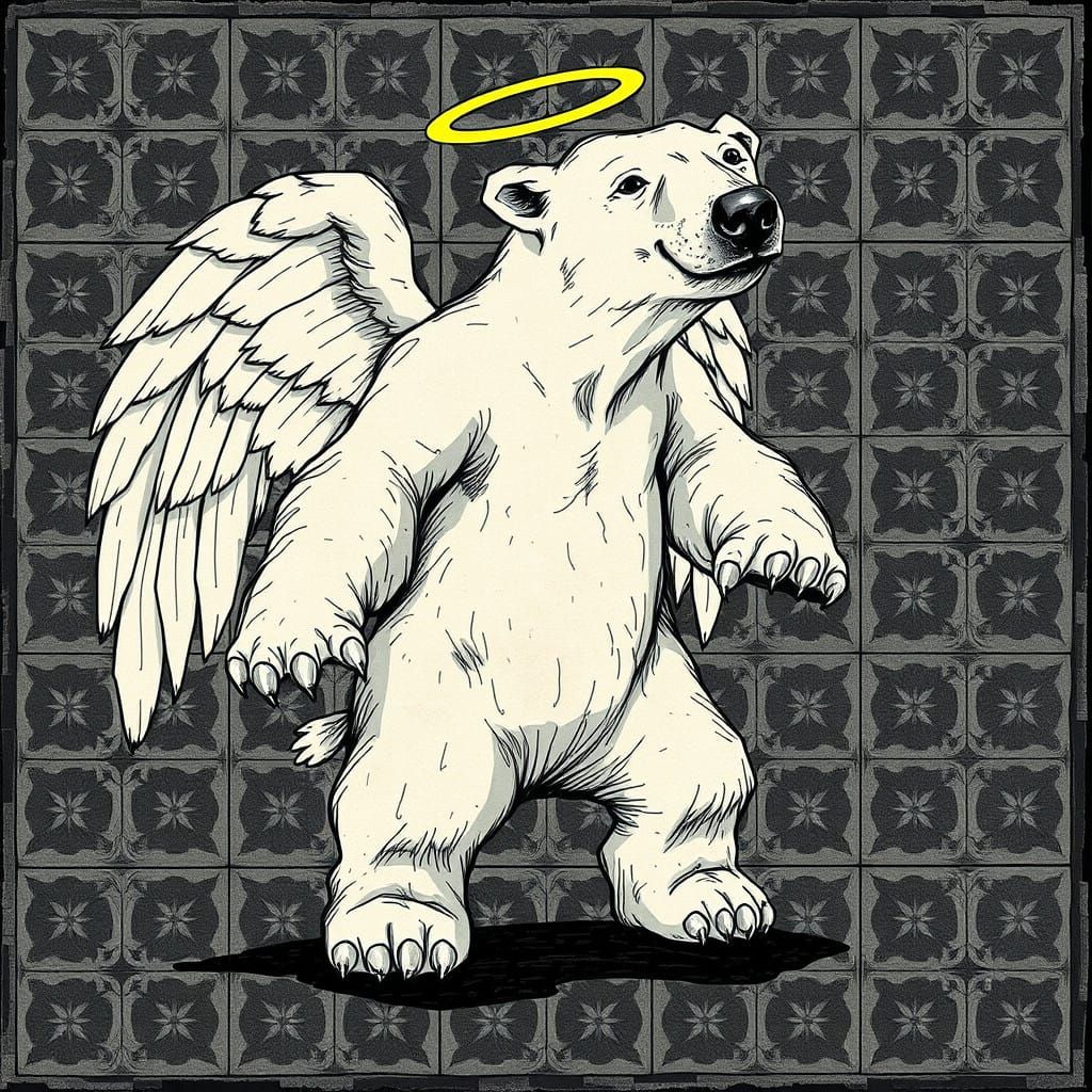 Distressed Polar Bear Angel in Disjointed, Pixelated Style