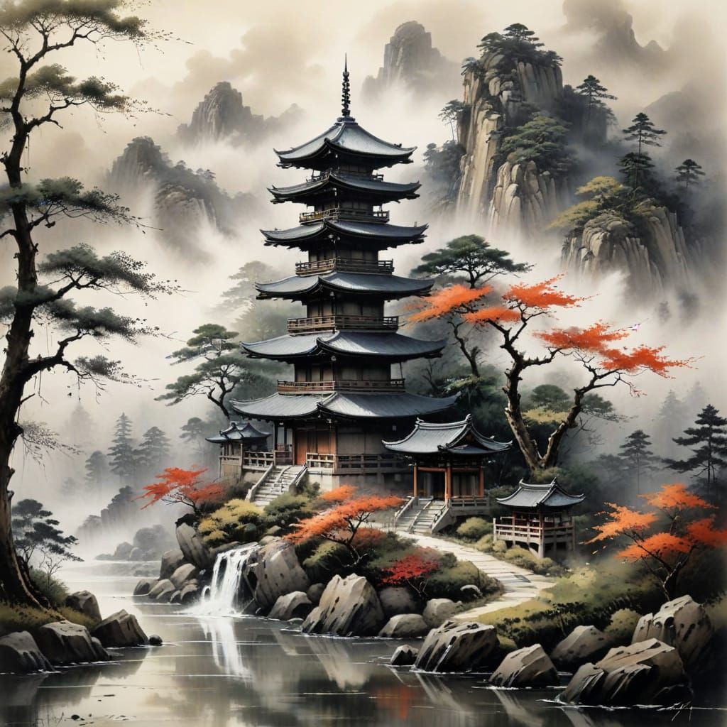 Tranquil Japanese Temple in Sumi-e Style