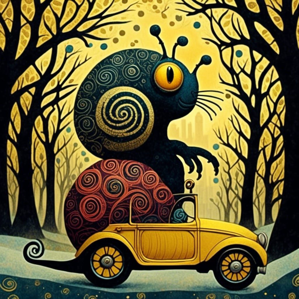 Snail Drives Car in Whimsical Comic Art