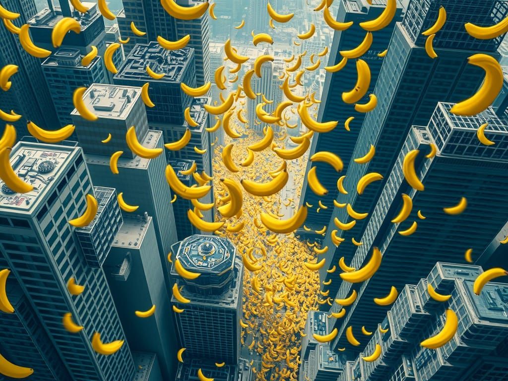 Banana Downpour Over Dystopian Cityscape in Unreal Engine