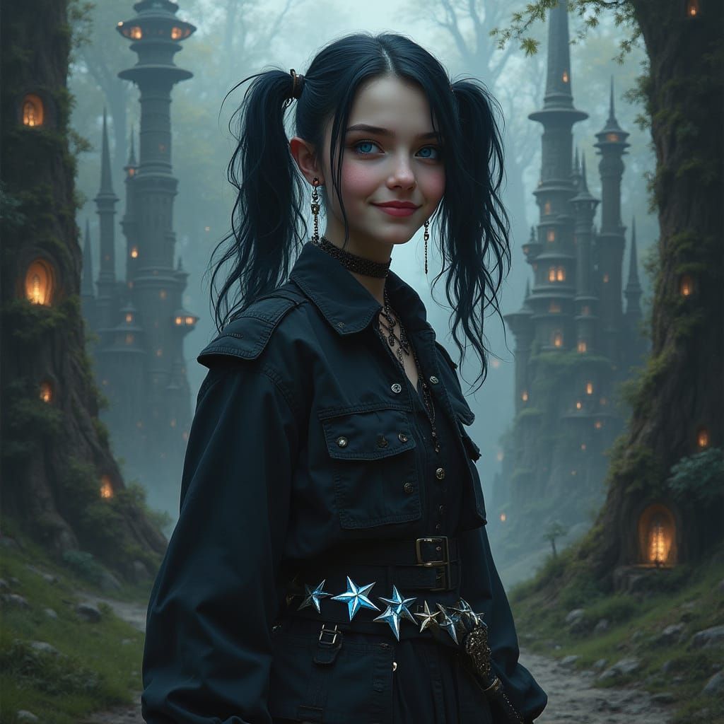 Gothic Punk Teenage Girl Amidst Eerie Metropolis