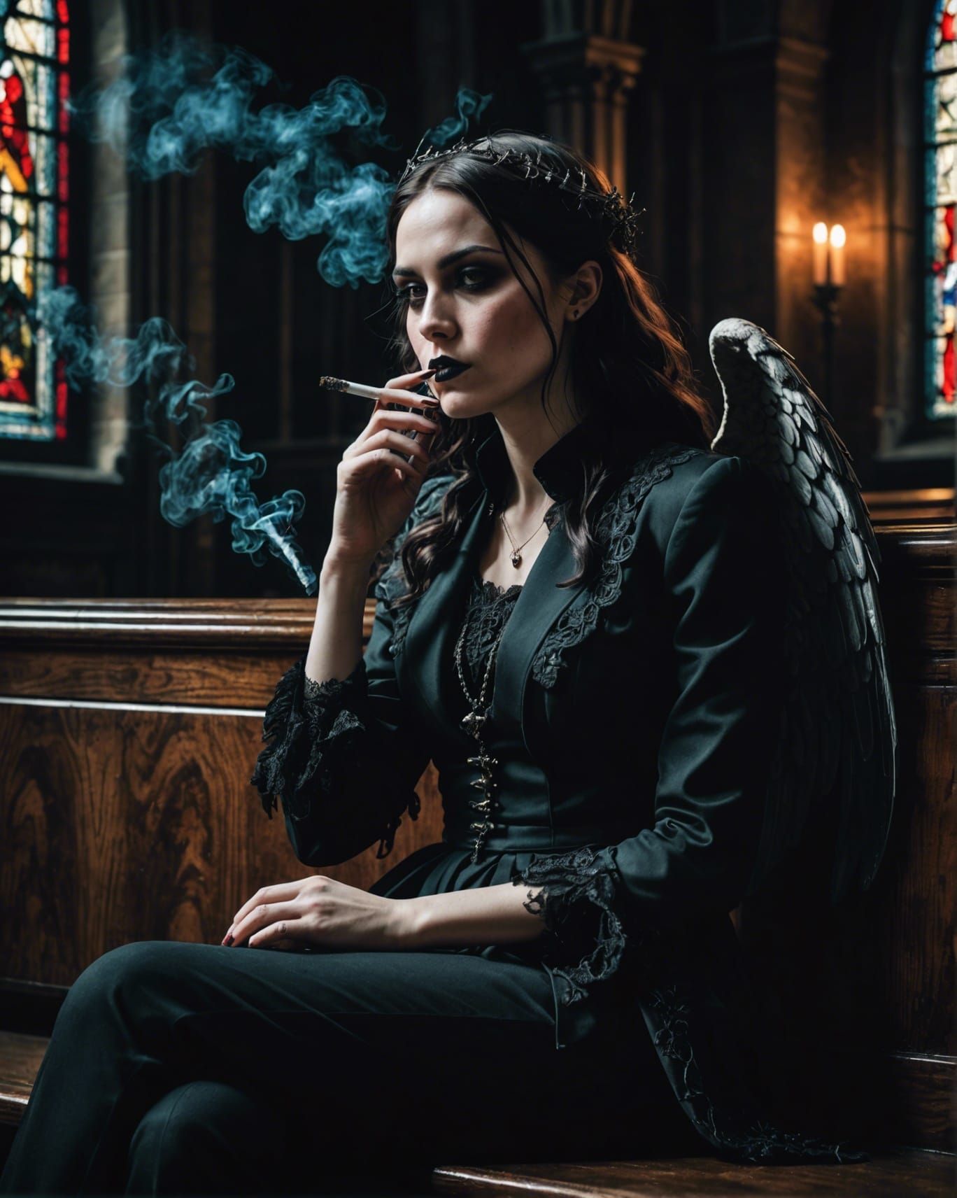Gothic Angel Smoking in Church: Ethereal Art