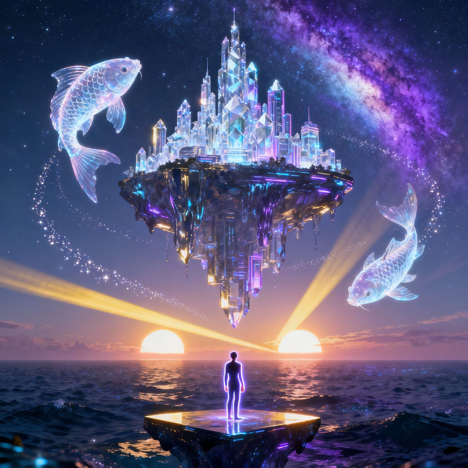 Futuristic Crystal City Floating in Cosmic Ocean