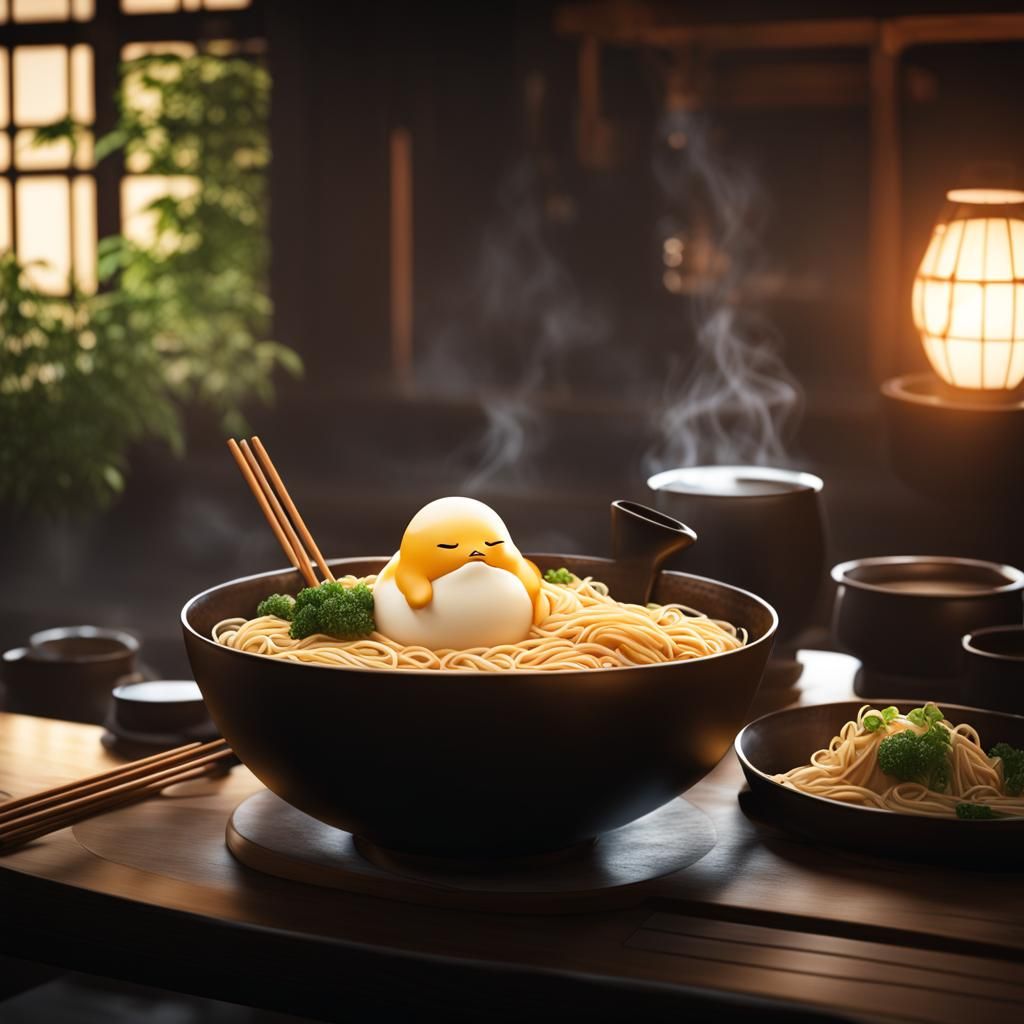 Gudetama Relaxing in Ramen Bowl: Anime Style