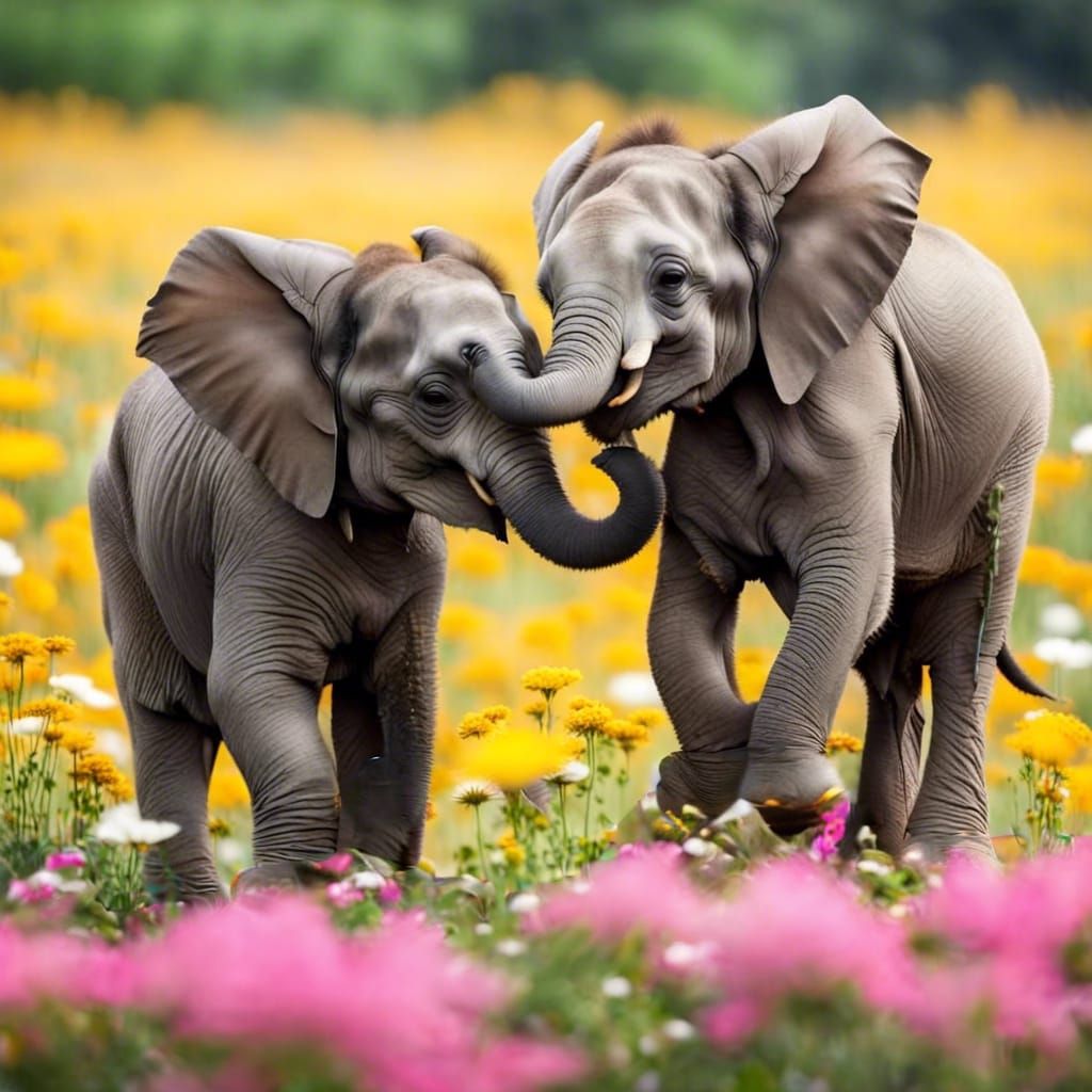 Baby Elephants Playing in Pink Flowerfield