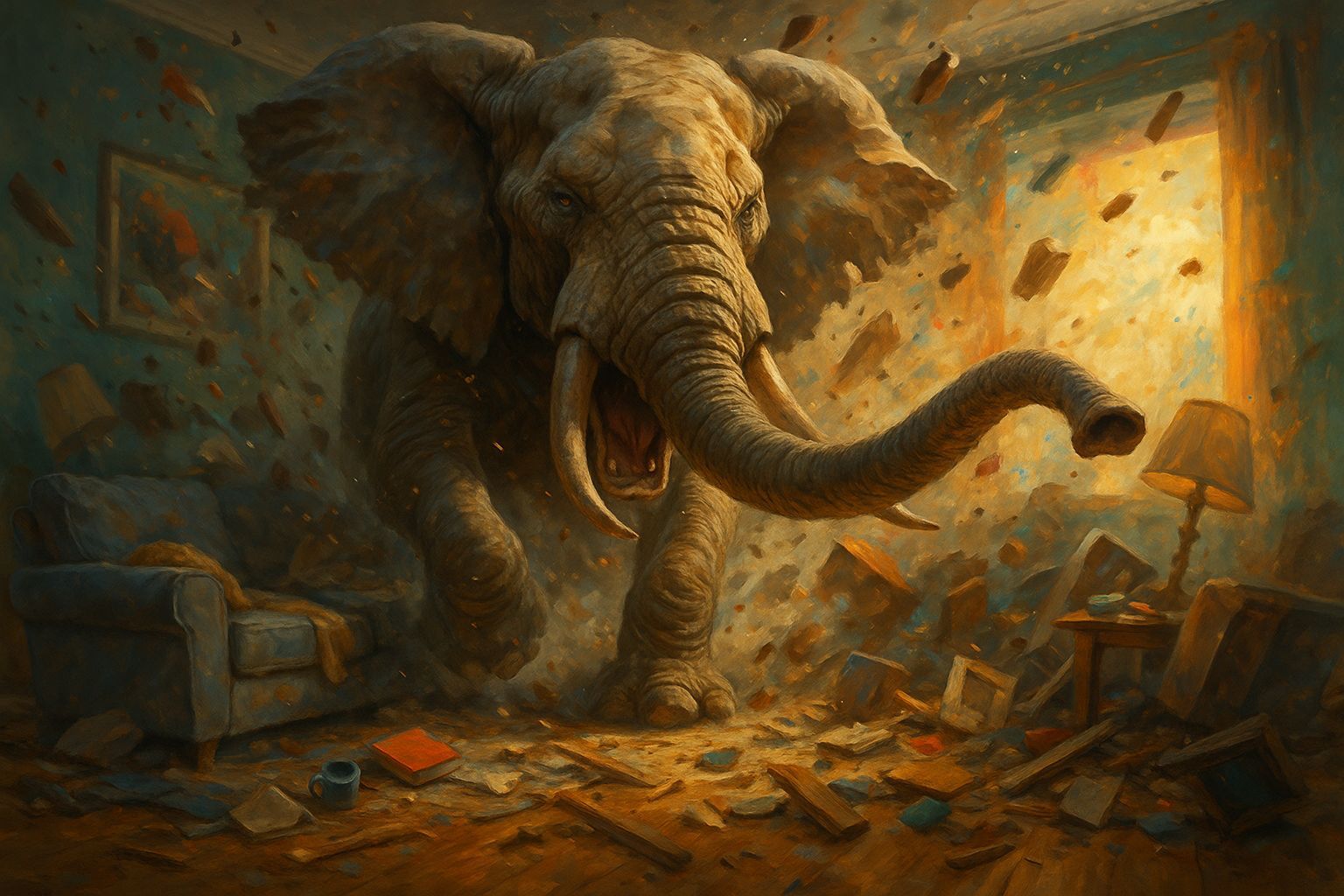 Furious Elephant Causes Chaos in Messy Living Room