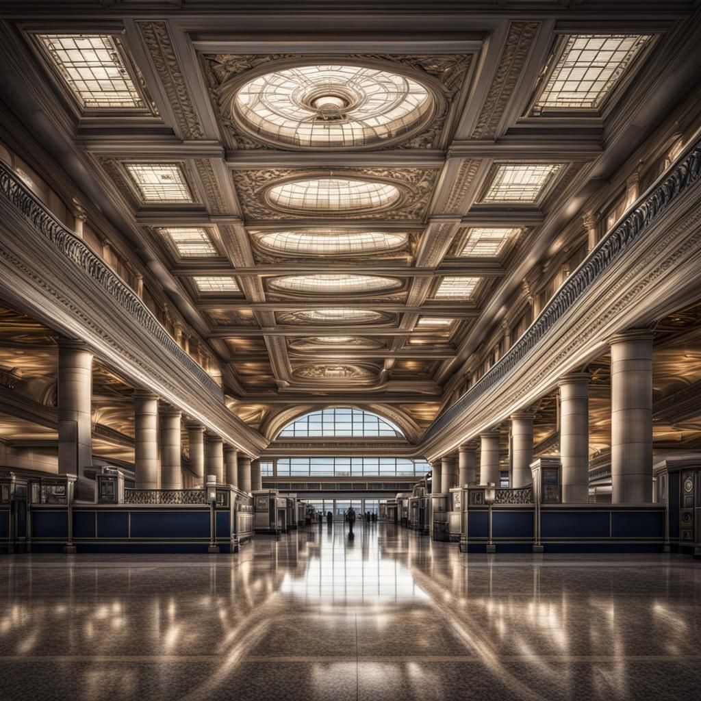 Neoclassical Airport in Hyperrealistic Style