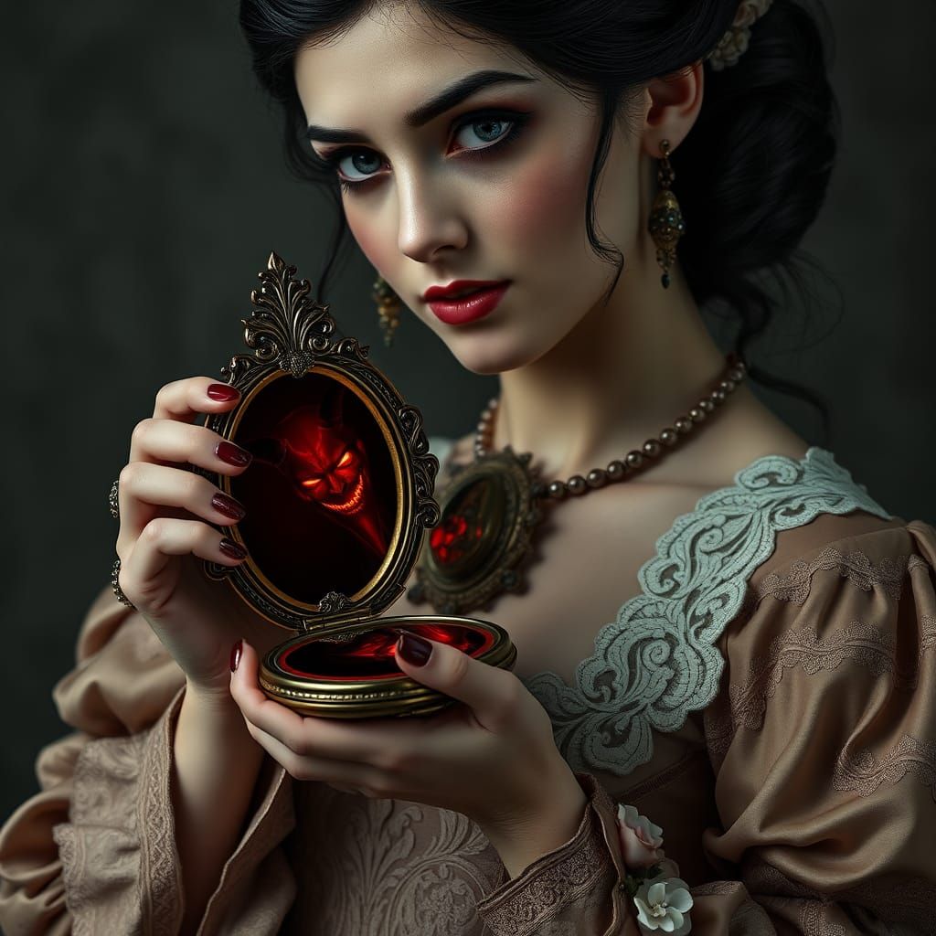 a compact mirror with the reflection of a demon