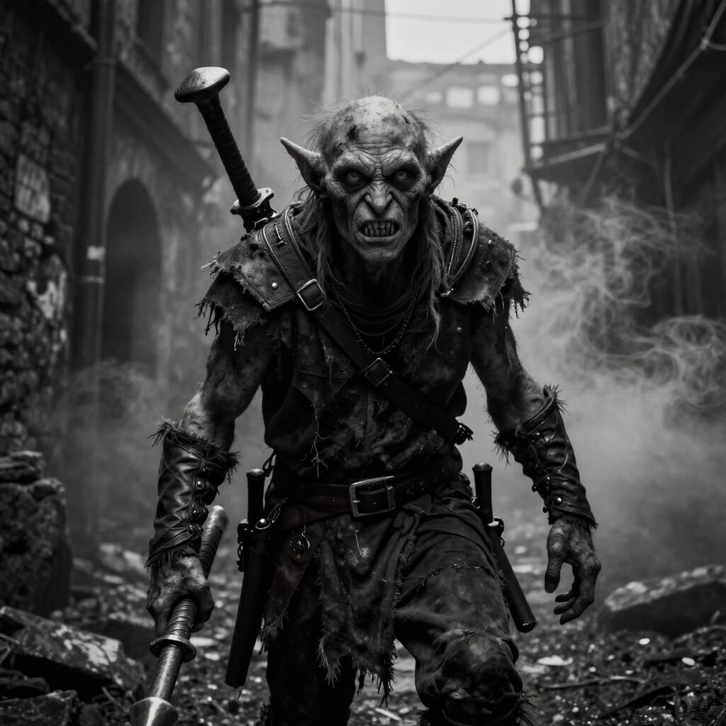 Warhammer Goblin Vagabond in Ruined City Alley