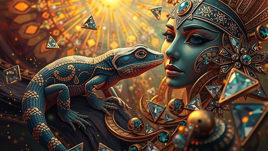 Salamander with Inca Mask Amidst Fractal Gold and Gems