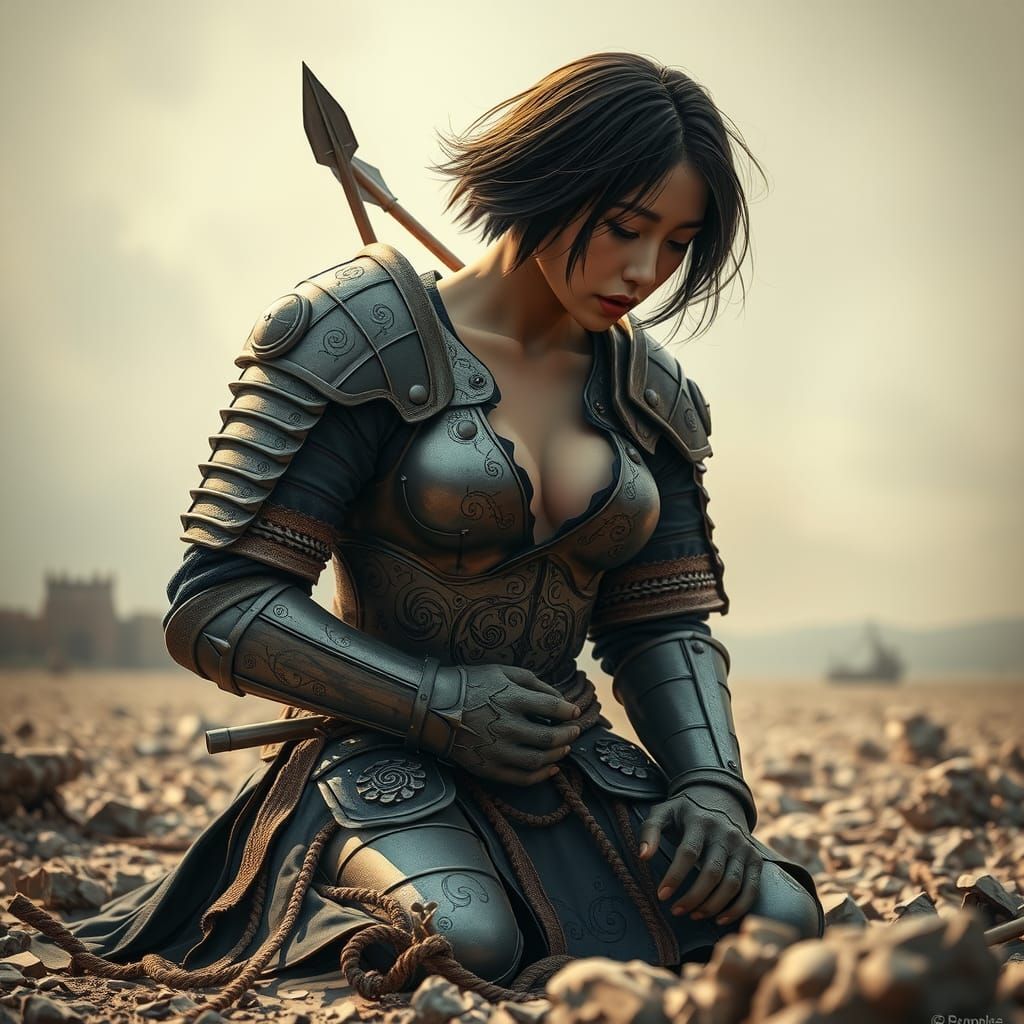 Fallen Oriental Warrior on Desolate Battlefield