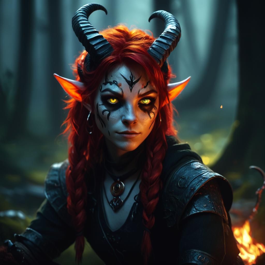 Tiefling Portrait in Mystical Forest Concept Art