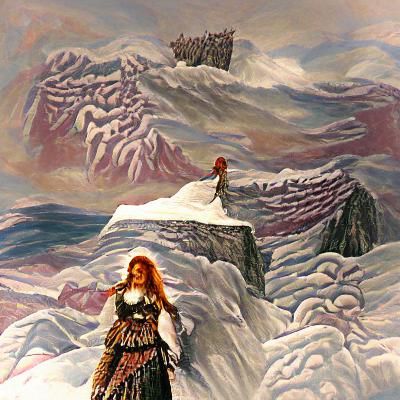 Viking Woman on Snowy Cliff Overlooking Mountains