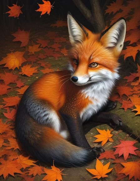 Chibi Fox Reclining in Autumn Leaves: Oil Painting