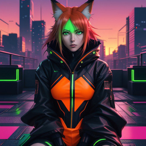 Cyberpunk Anime Fox Girl on Rooftop