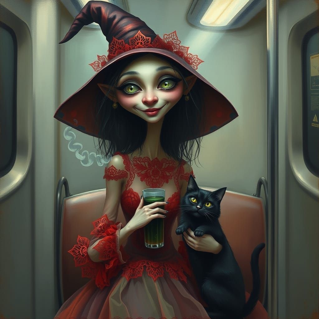 Whimsical Witch and Cat in Subway Painting