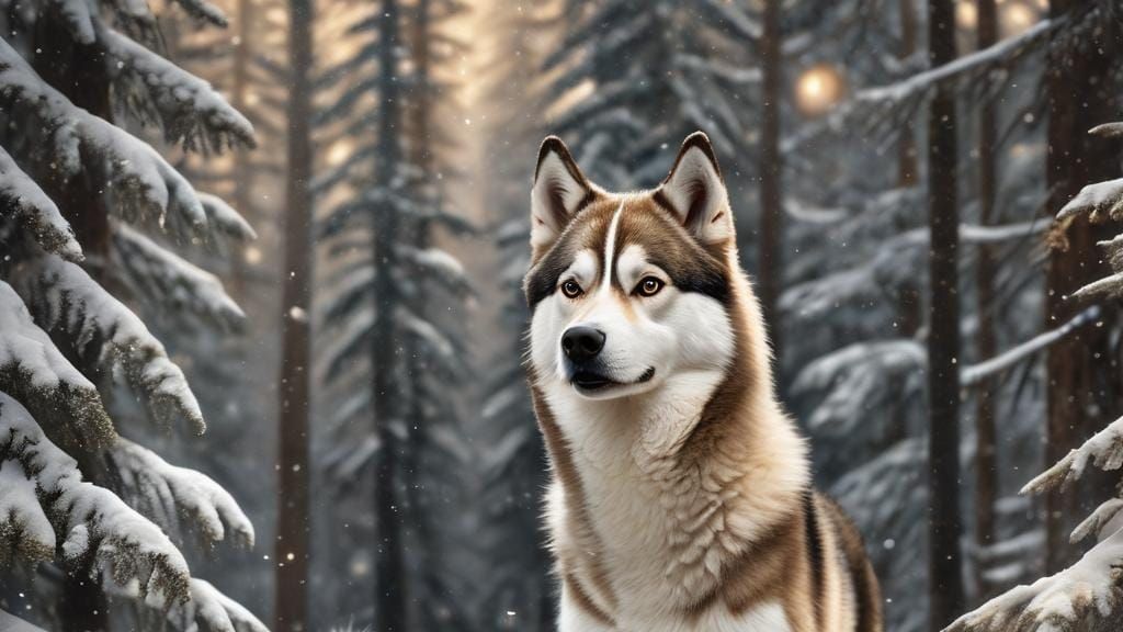 Husky Standing in Snowy Fir Forest