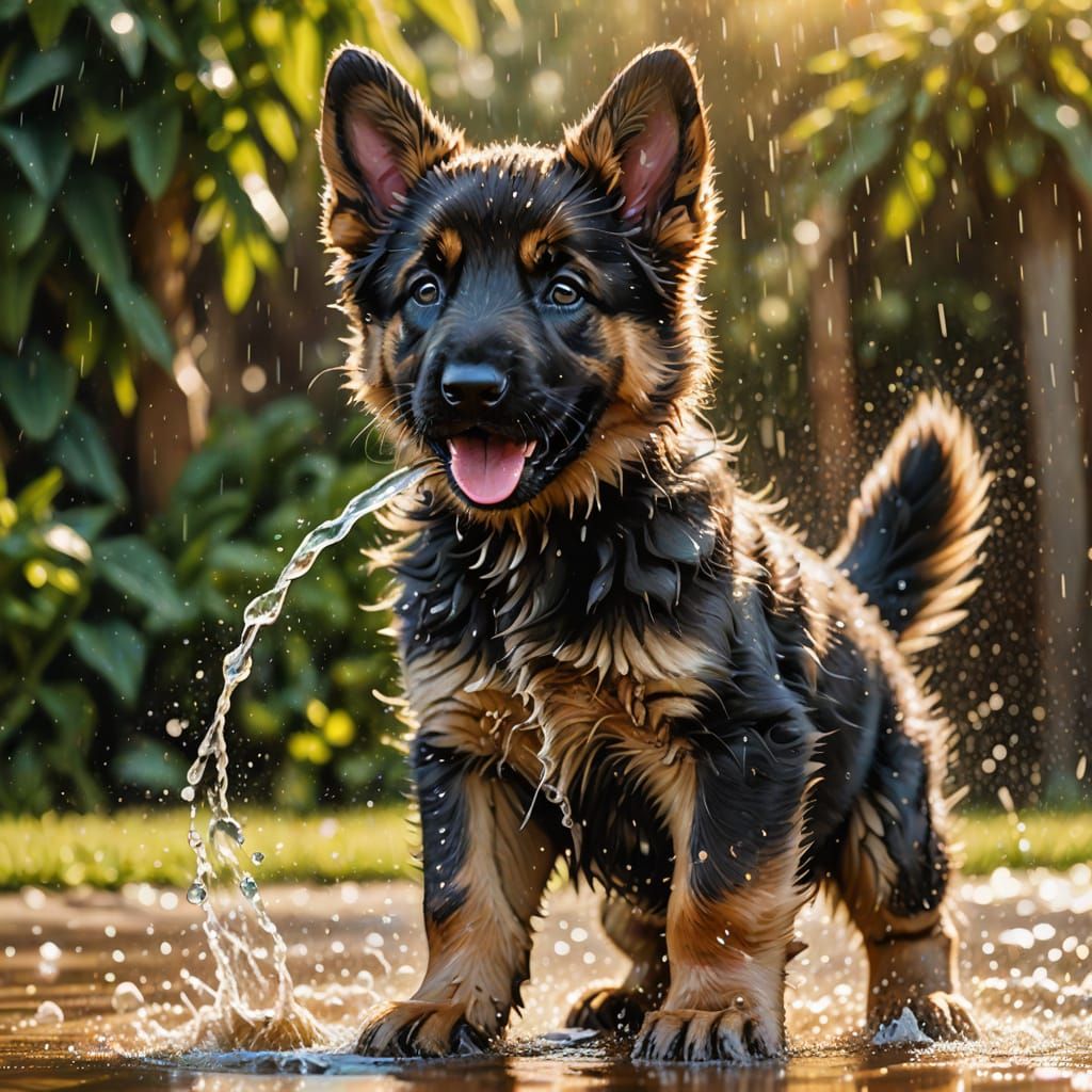 A whimsical fantastical image of a a sable German Shepherd p...