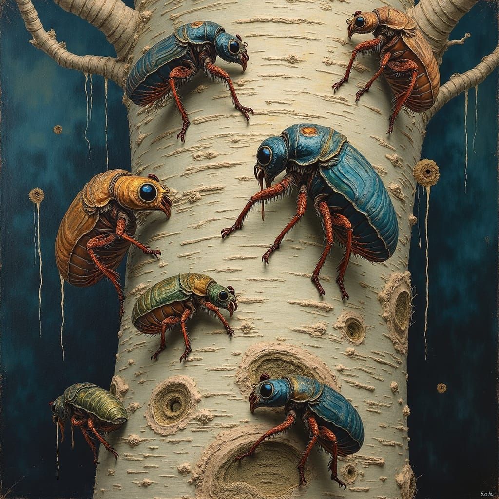 Surreal Birch Tree Surface with Insectoid Creatures