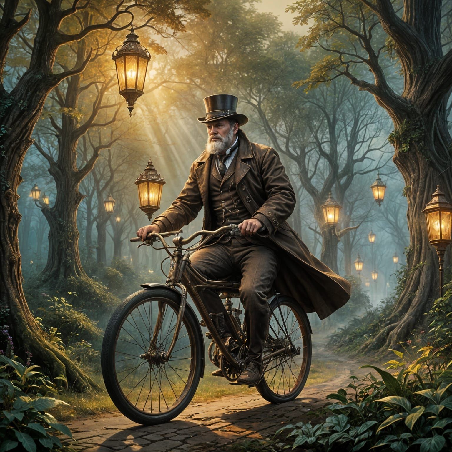 Man Riding Steampunk High Wheel Bicycle in Whimsical Fantasy...