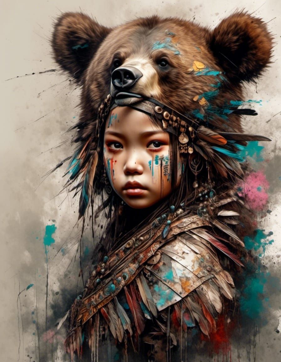 Iroquois Bear Cub Portrait in Mixed Media Style
