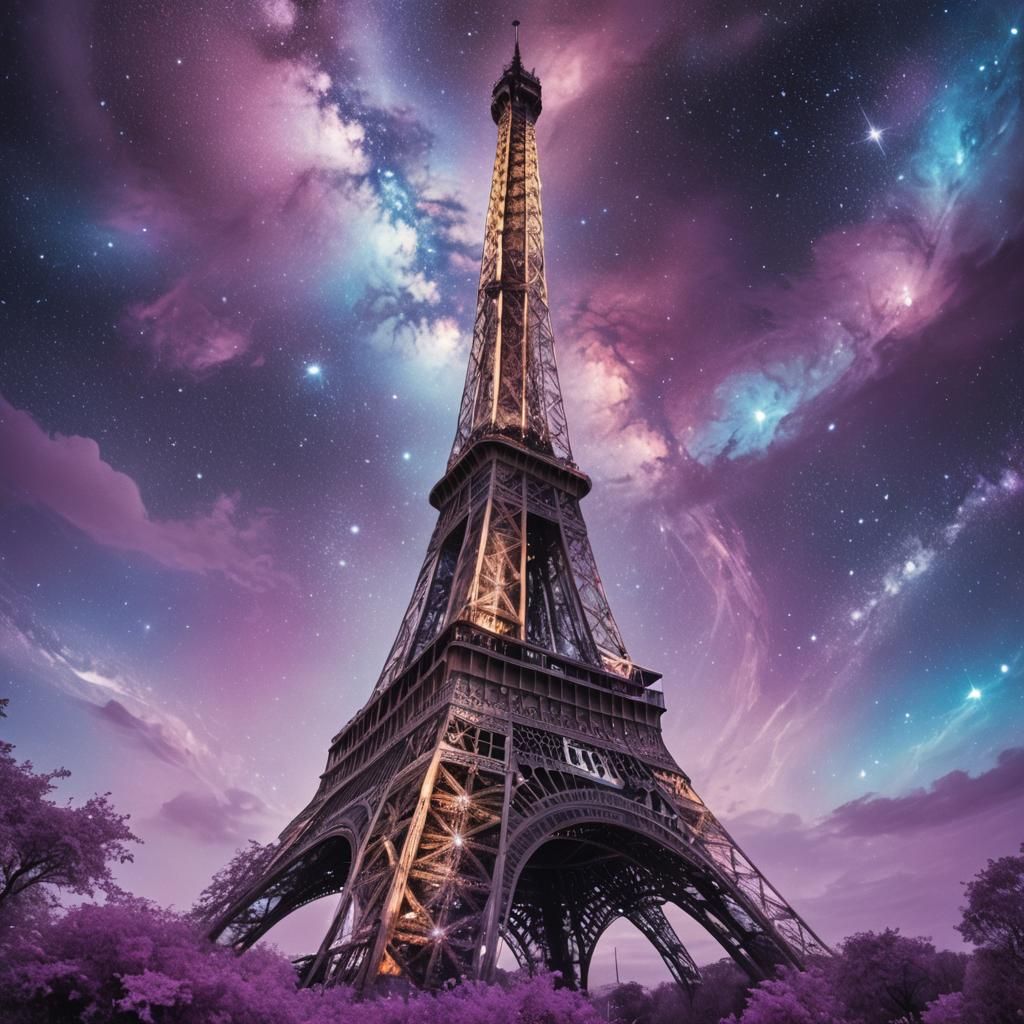 Eiffel Tower Shines in Surreal Galactic Landscape