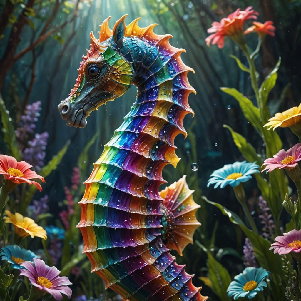 Rainbow Light Seahorse in Magical Forest Concept Art