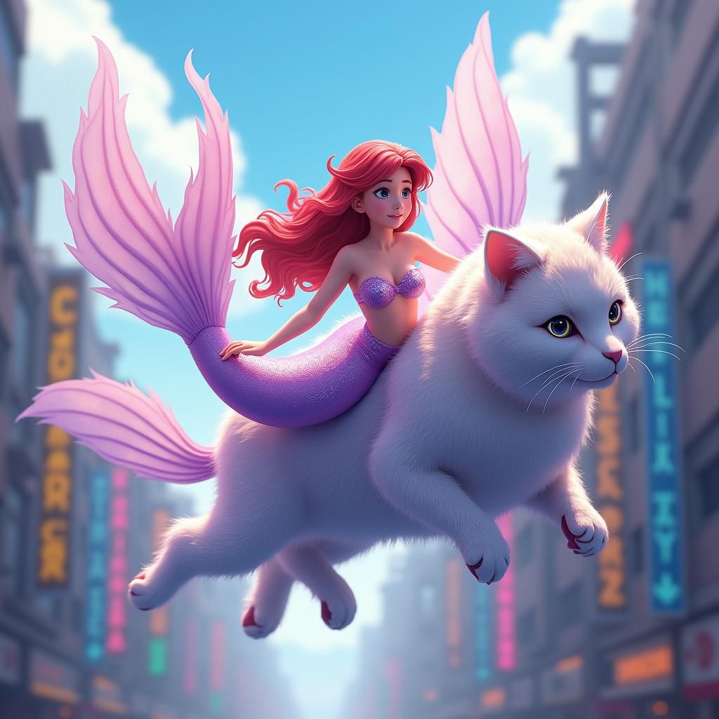 Ariel Riding a Giant Cat Above Tokyo in Anime Style