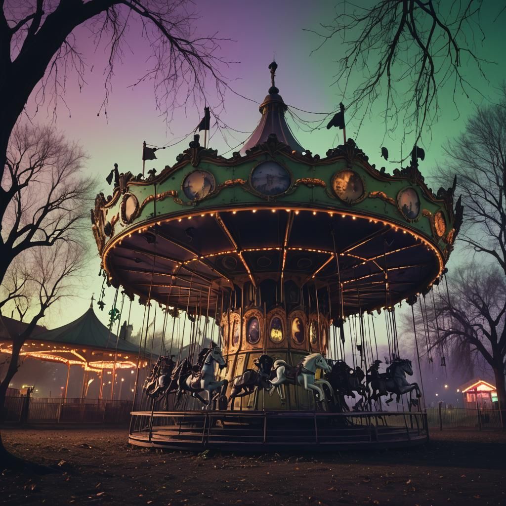 Creepy Carousel in Abandoned Fairground at Dusk