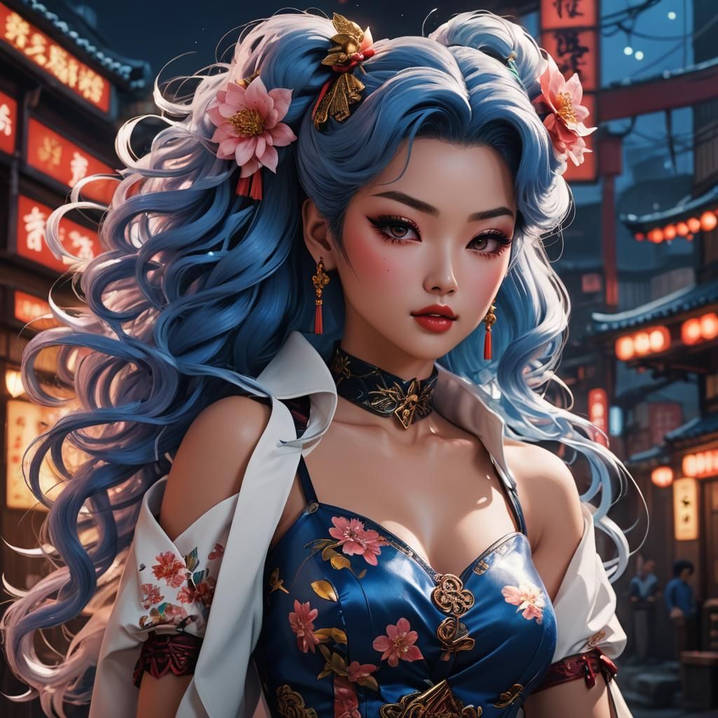 Gorgeous Pinup in 80s Anime Style with Blue Light