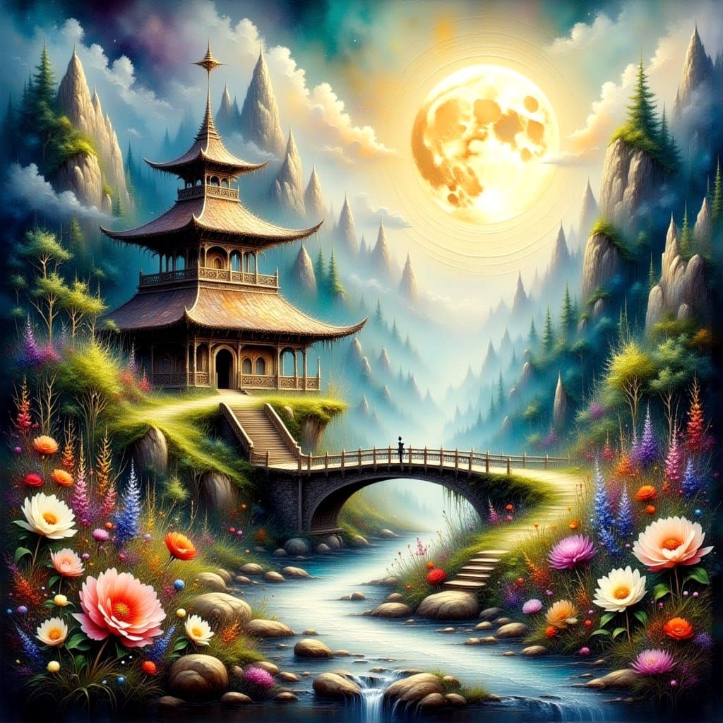 Ethereal Valley with Crystal Temple in Dreamy, Whimsical Sty...