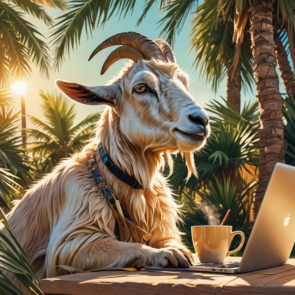 Goat in Shades: Digital Art Under Palm Tree