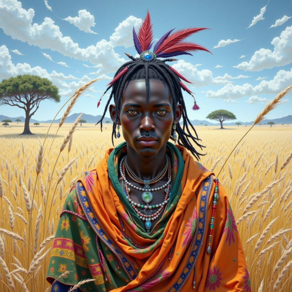 Maasai Warrior in Savannah Landscape: Dystopian Realism